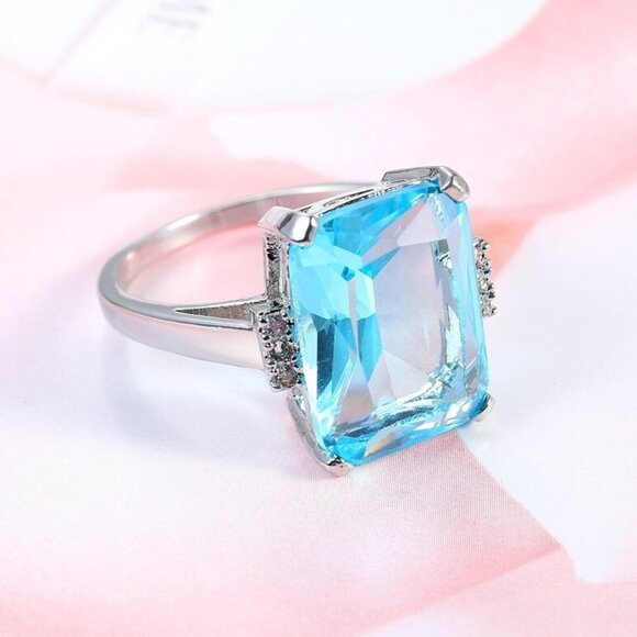 Jewelry ring engagement promise blue emerald rectangle center 925 sterling - Picture 2 of 4